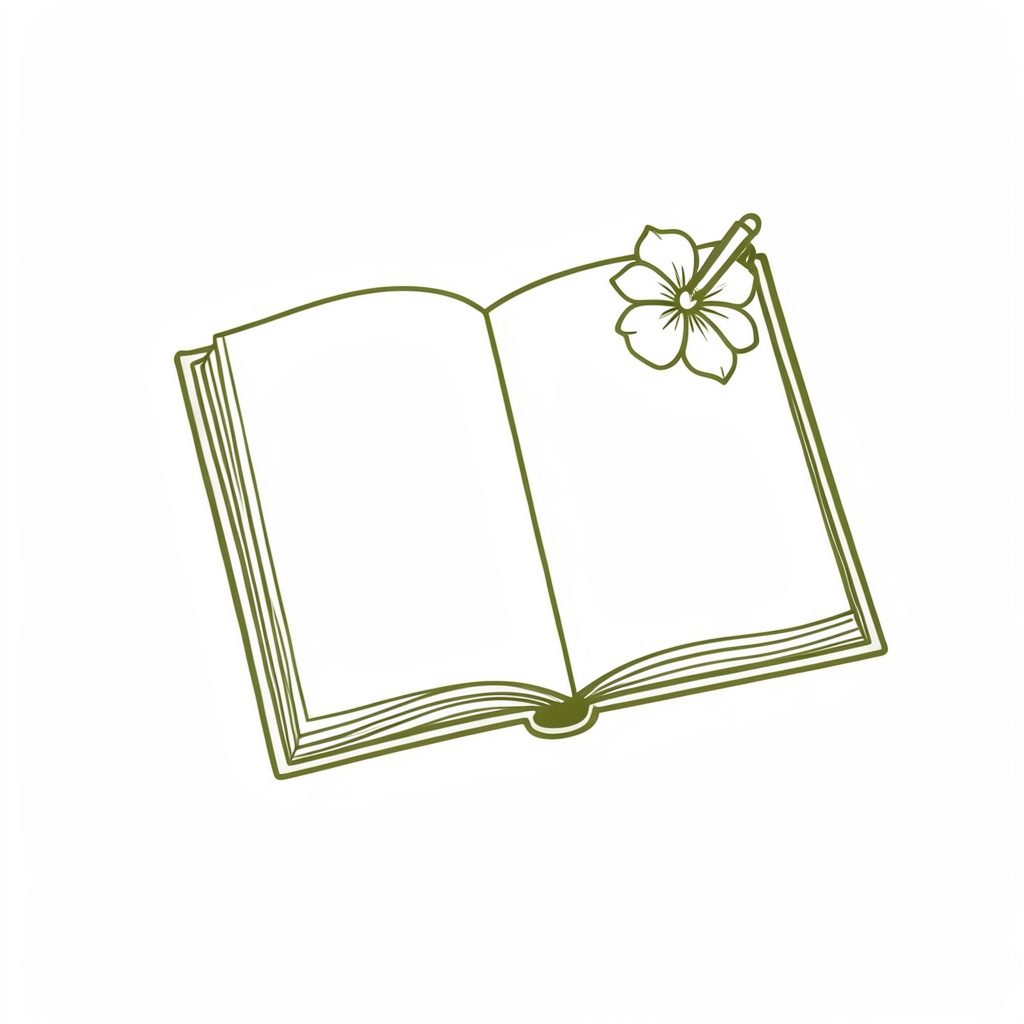 A simple line-art illustration of an open journal with a pen and a small tropical flower, in olive green on a white background