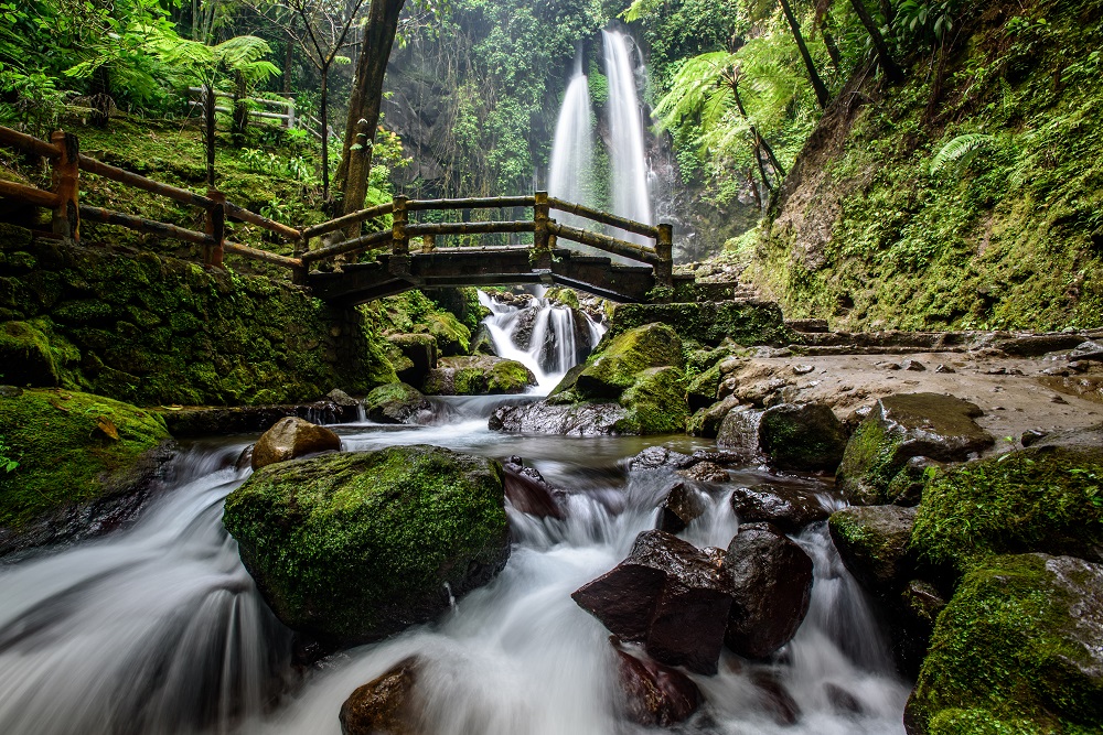 Scenic twin waterfall flowing into a rocky stream, with a small wooden footbridge crossing over moss-covered boulders