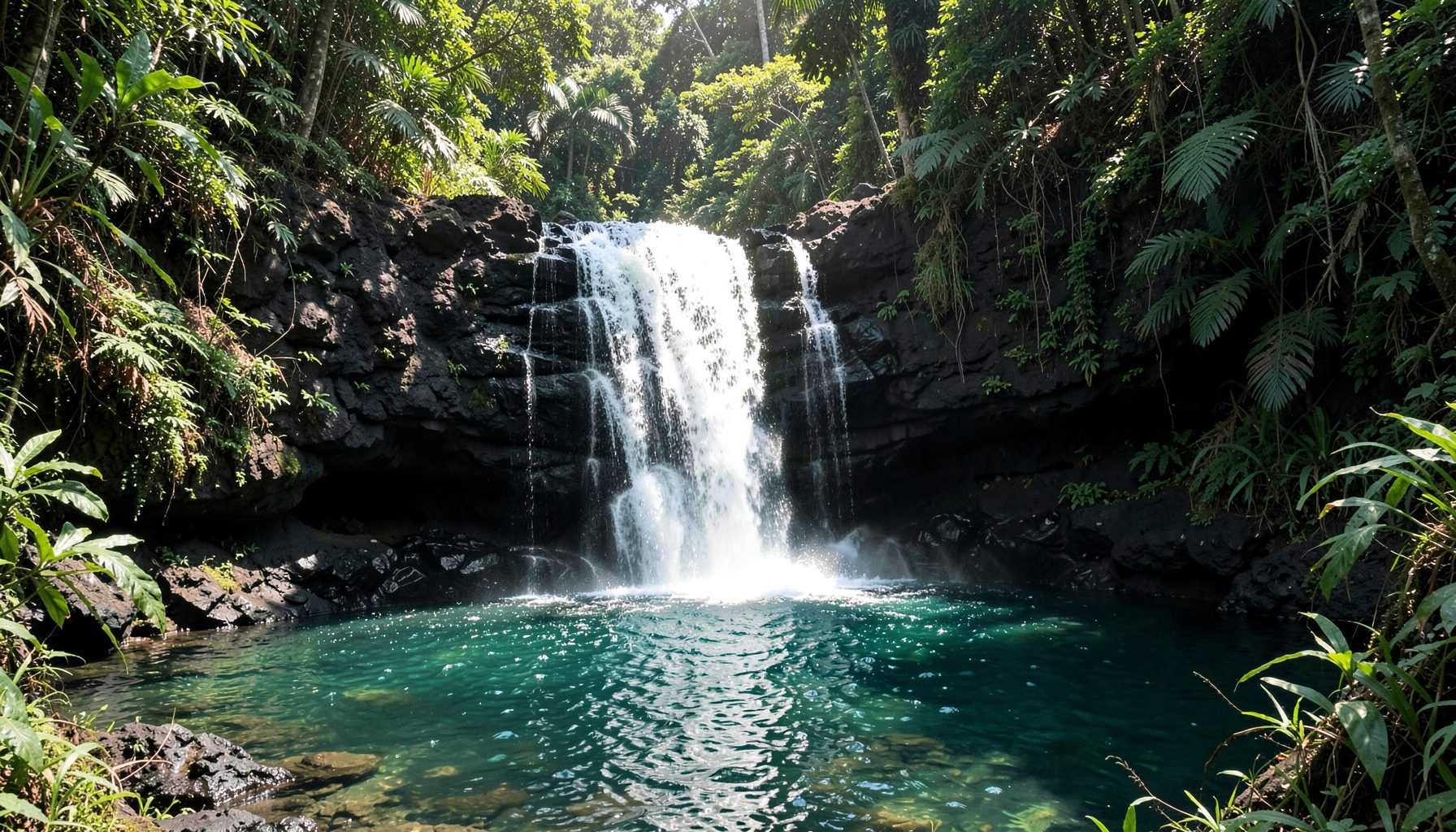 A sunlit waterfall cascading over dark volcanic rock into a clear pool, surrounded by dense tropical foliage in rich greens