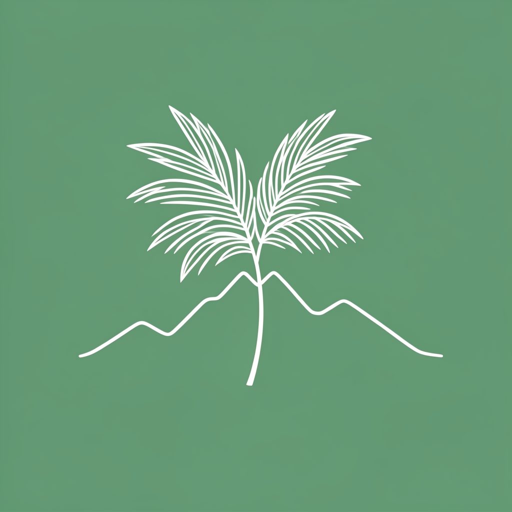 A simple line-art illustration of a tropical palm frond and mountain silhouette in soft white, floating against a solid background