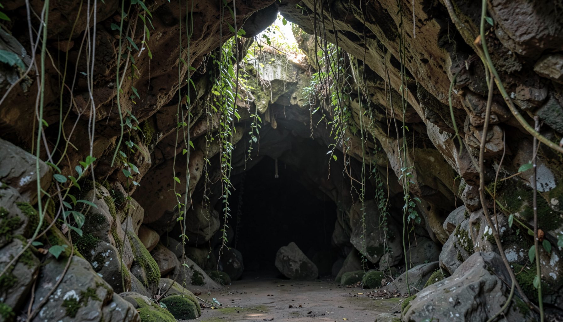 A quiet cave entrance framed by hanging vines and limestone formations, with soft natural light spilling in from above