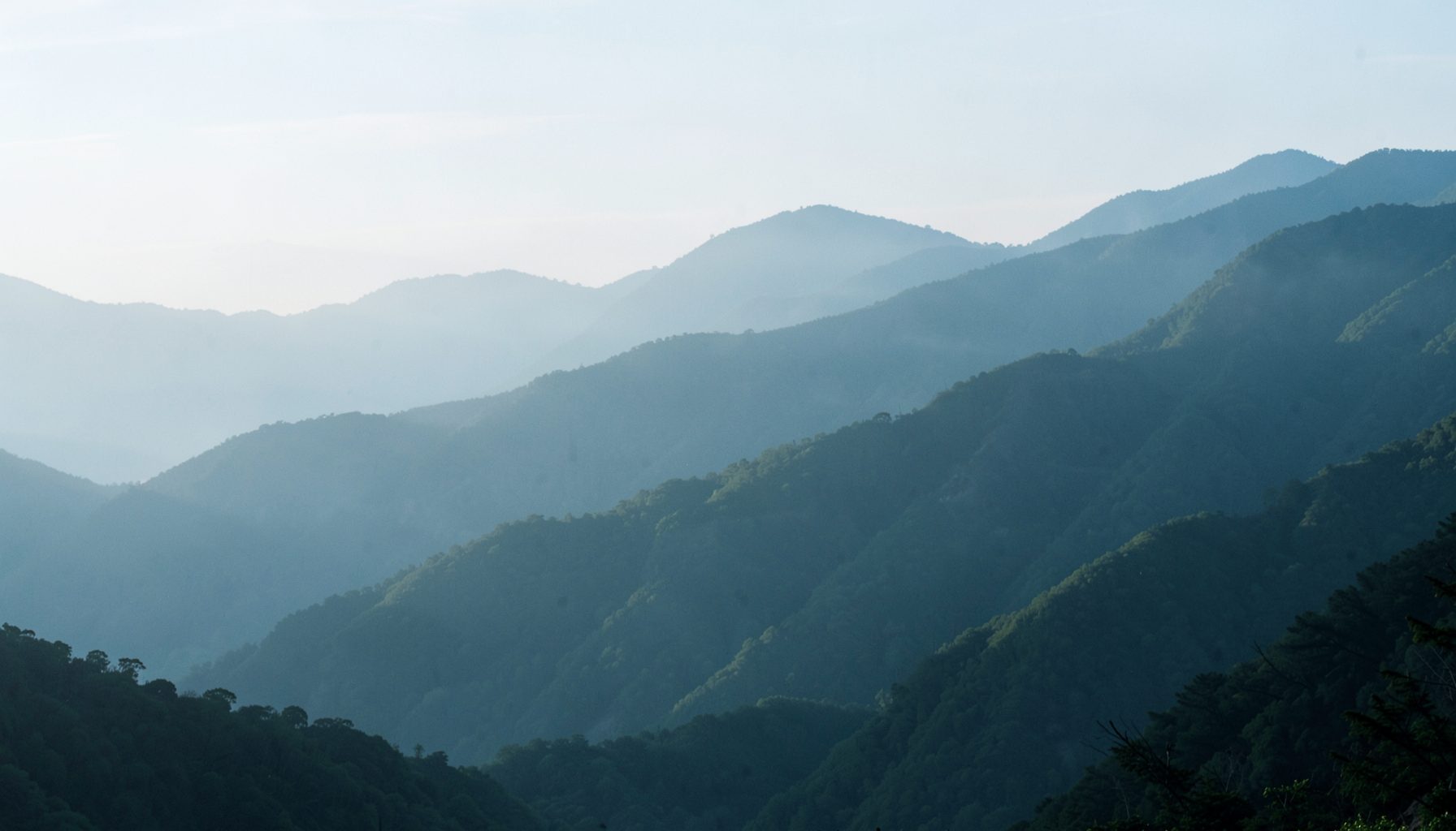 A misty mountain landscape with layered green ridges fading into the distance, cool and serene in early morning light