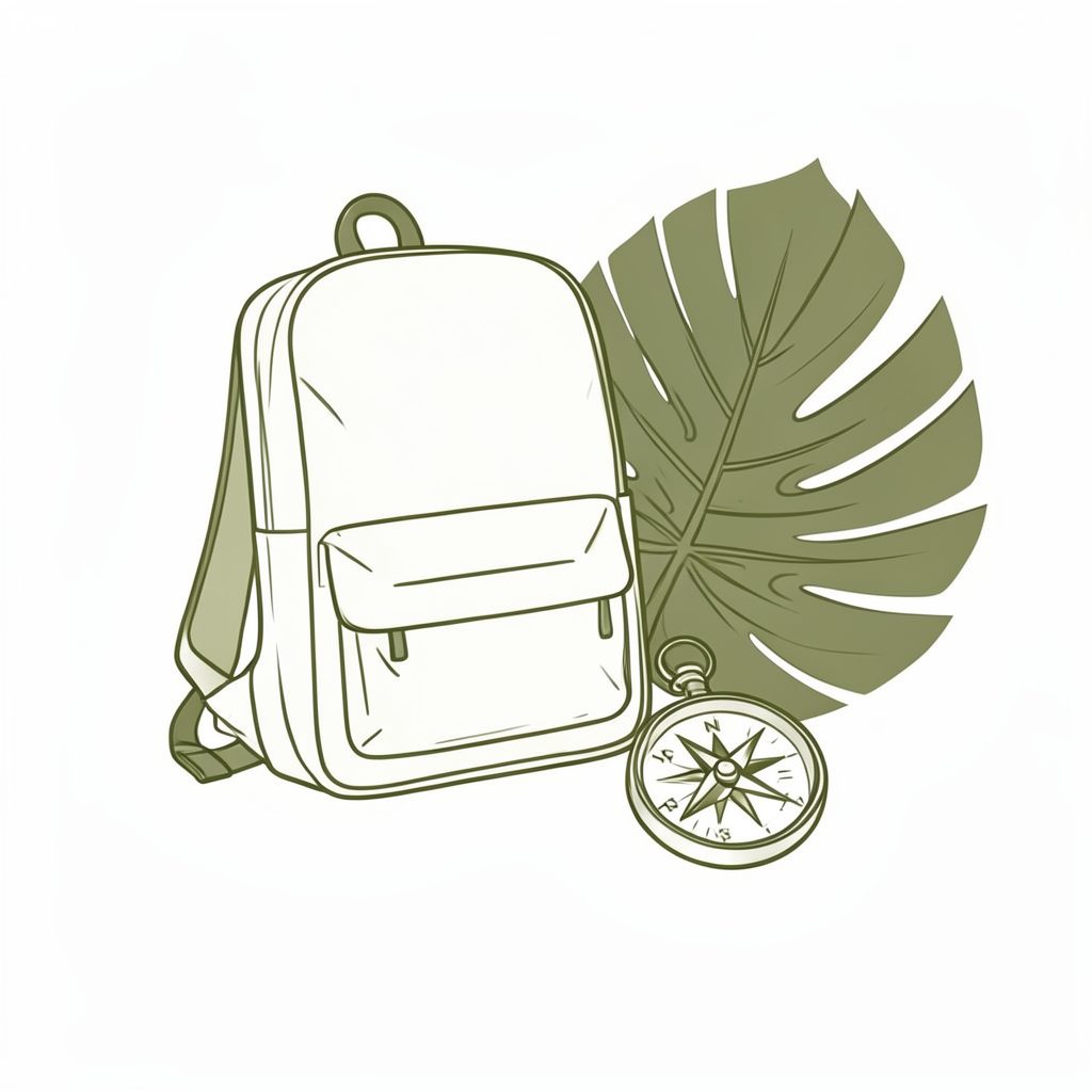 A minimalist line-art illustration of a backpack and compass beside a tropical leaf, in muted olive green on a white background
